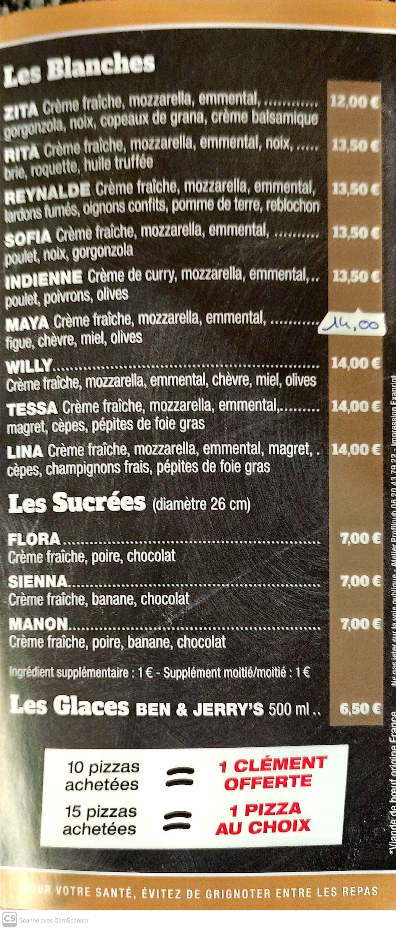 Blanches, sucrées, glaces, fidélité — carte Chez Emile