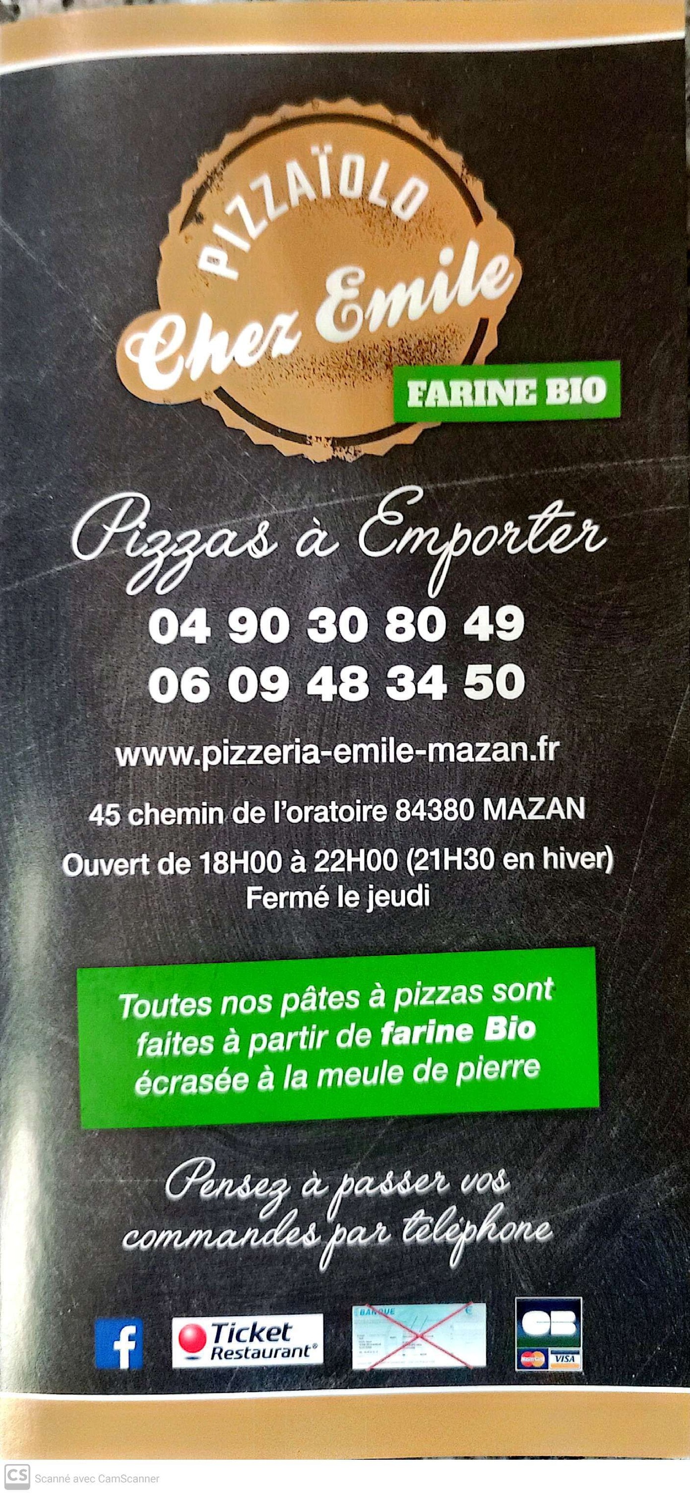 Contact, farine bio, horaires, moyens de paiement — Chez Emile, Mazan